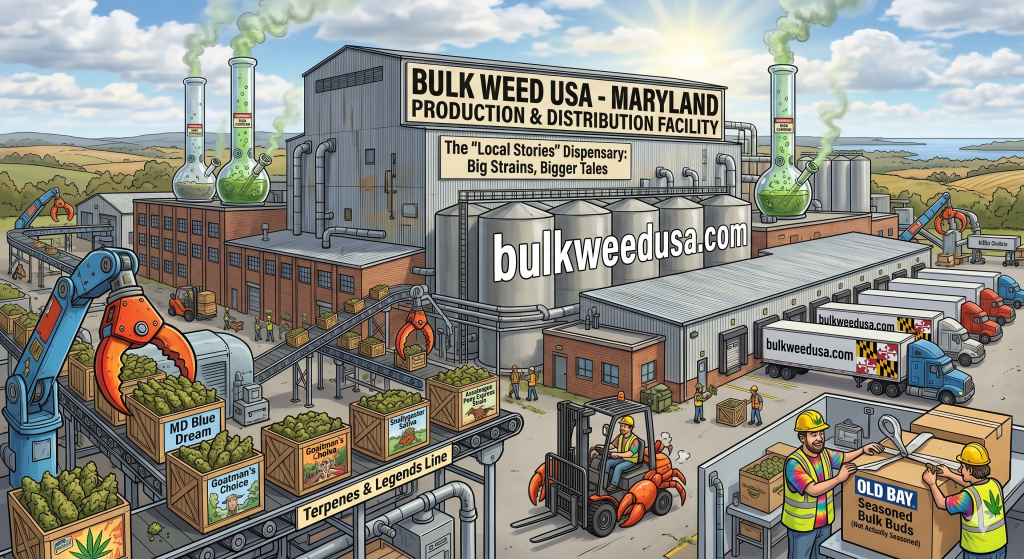 reate an image very very funny add bulkweedusa.com to image , image is US base , makee image look like a huge factory