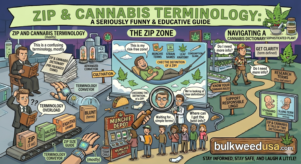 Learn zip and cannabis terminology including weed slang, ounce measurements, cannabis product terms, THC definitions, and dispensary language.